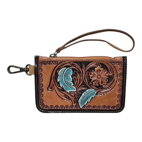 Leather Coin Purse/Wristlet w/Flower Design & Turquoise Leaves- LWCP-Leather-001 - Picture 3 of 4